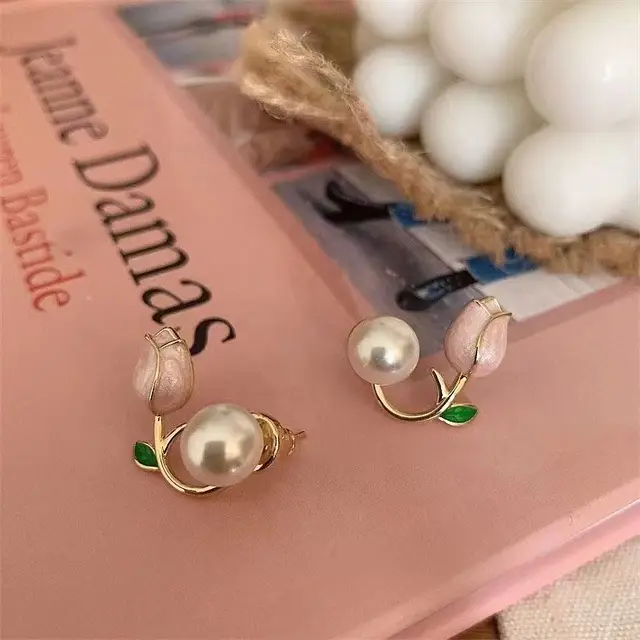 Pink Rose Dwal Pearl Earrings