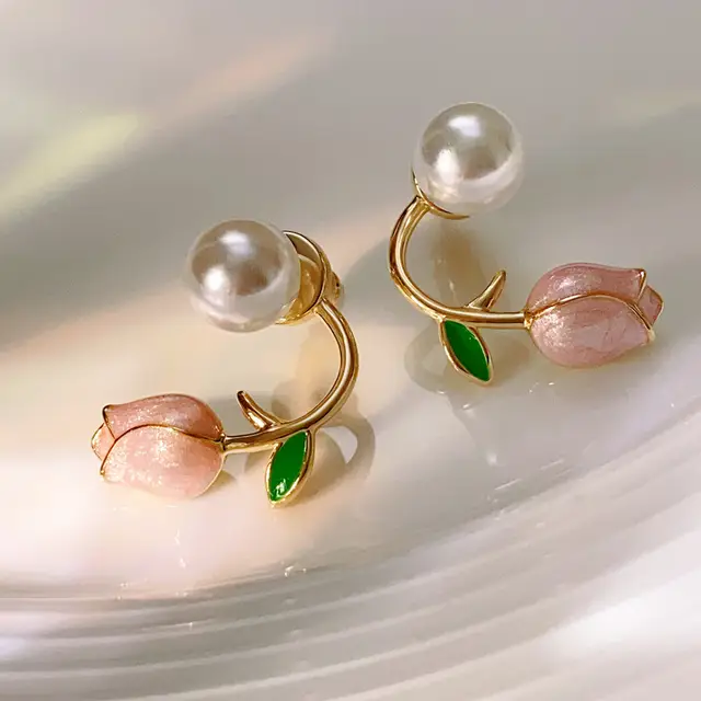 Pink Rose Dwal Pearl Earrings