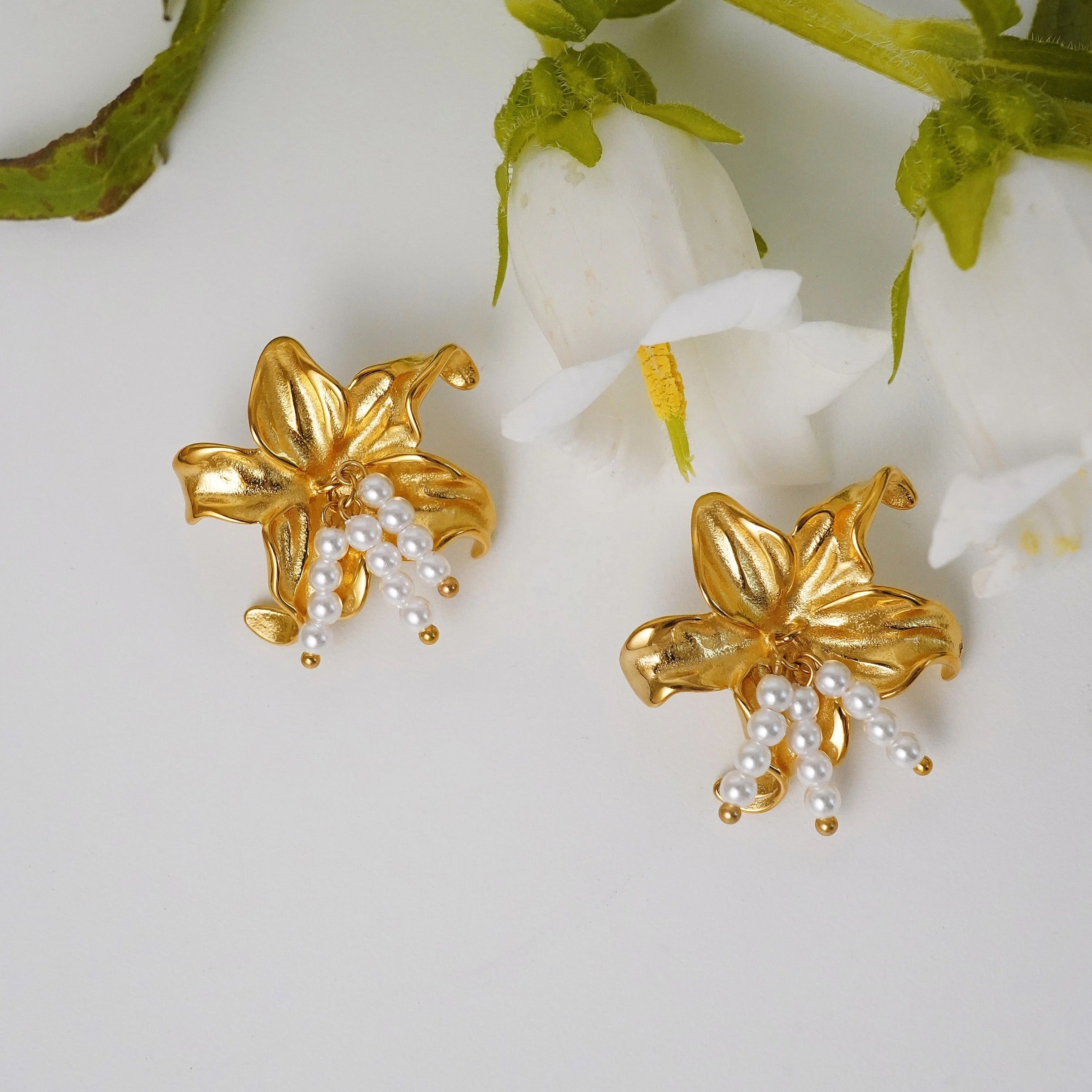 Orchid Flower Gold Earrings