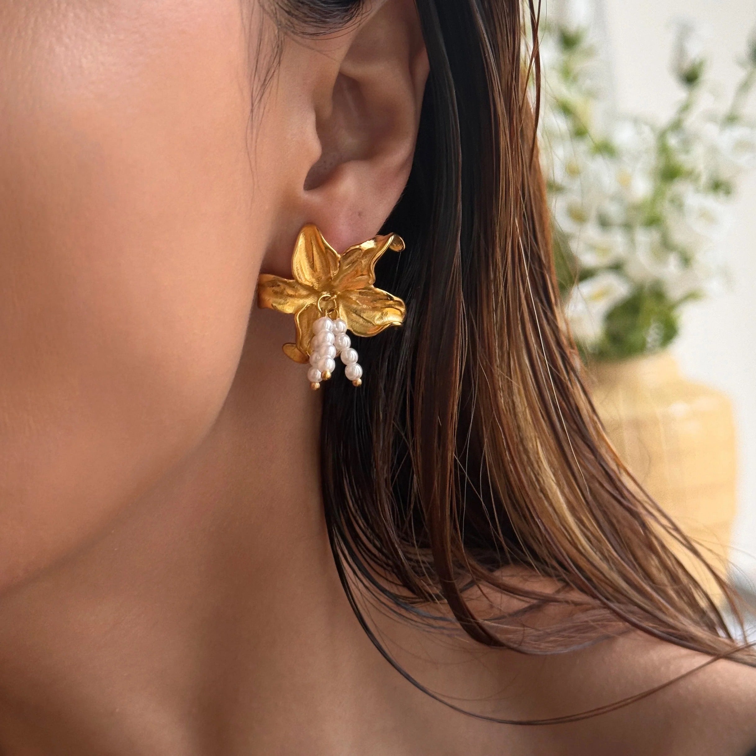 Orchid Flower Gold Earrings