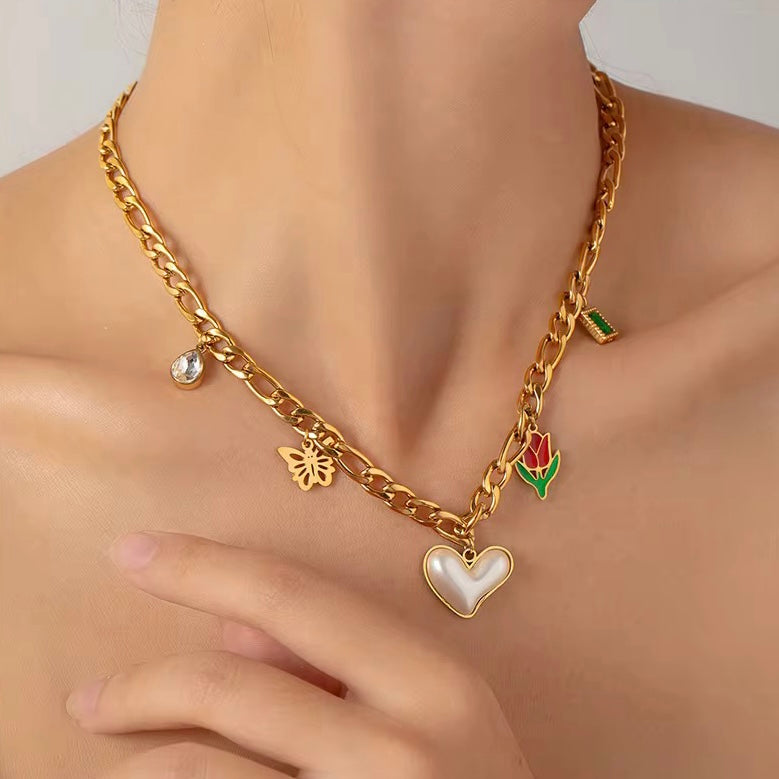 Red Rose Heart Chunky Necklace