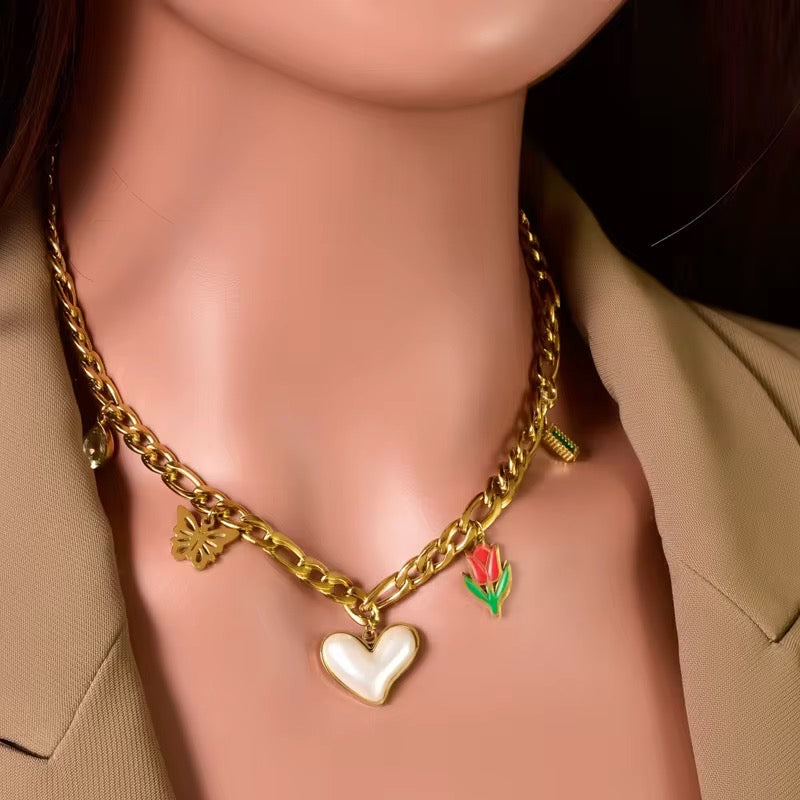 Red Rose Heart Chunky Necklace
