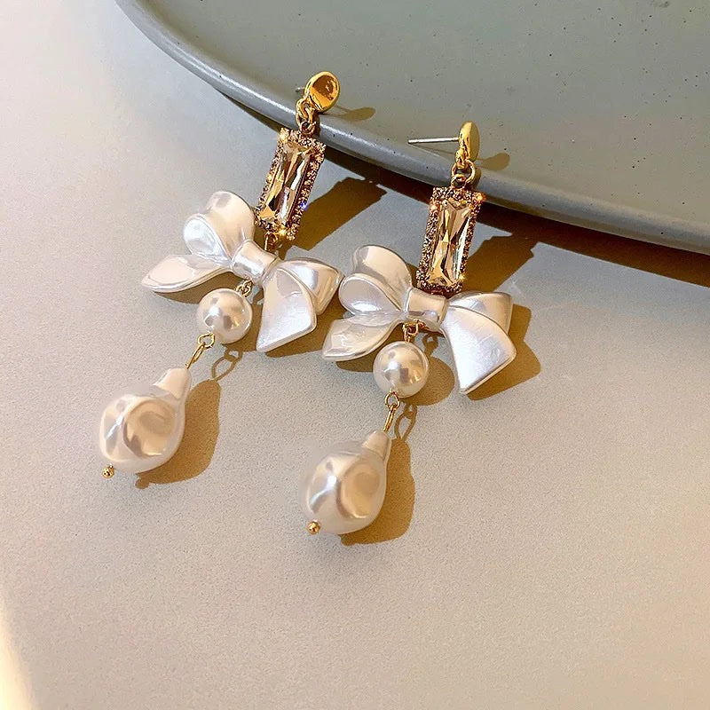 Korean Bow Hanging Pearl Earrings