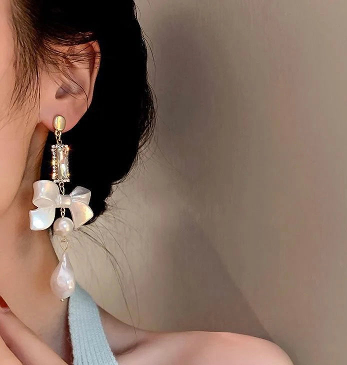 Korean Bow Hanging Pearl Earrings