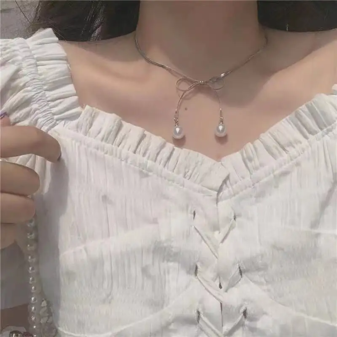 Silver Pearl Cute Bow Necklace