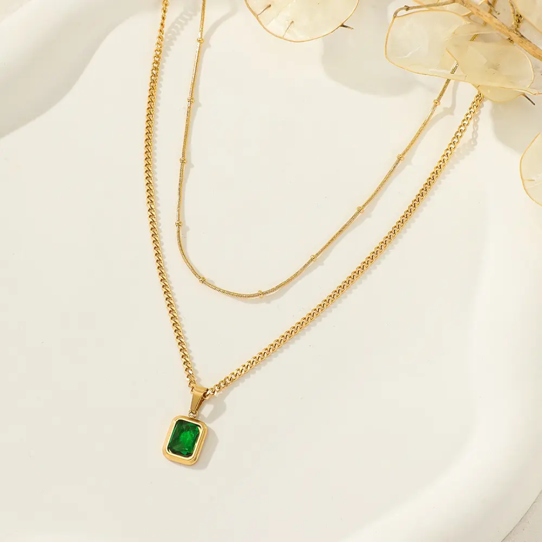 Emerald Double Layer Gold Necklace