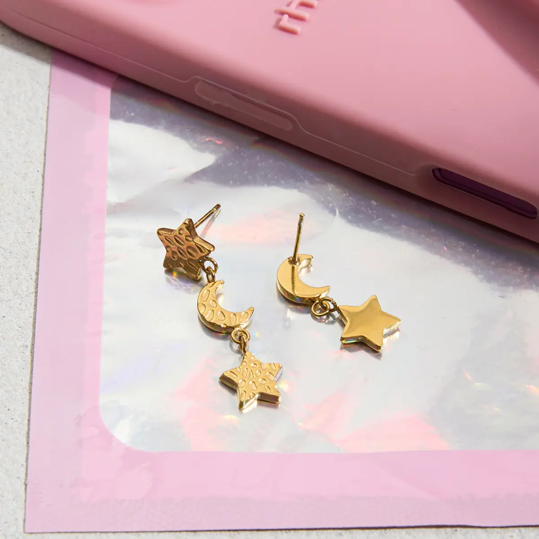 Moon Stary Asymmetrical Earrings