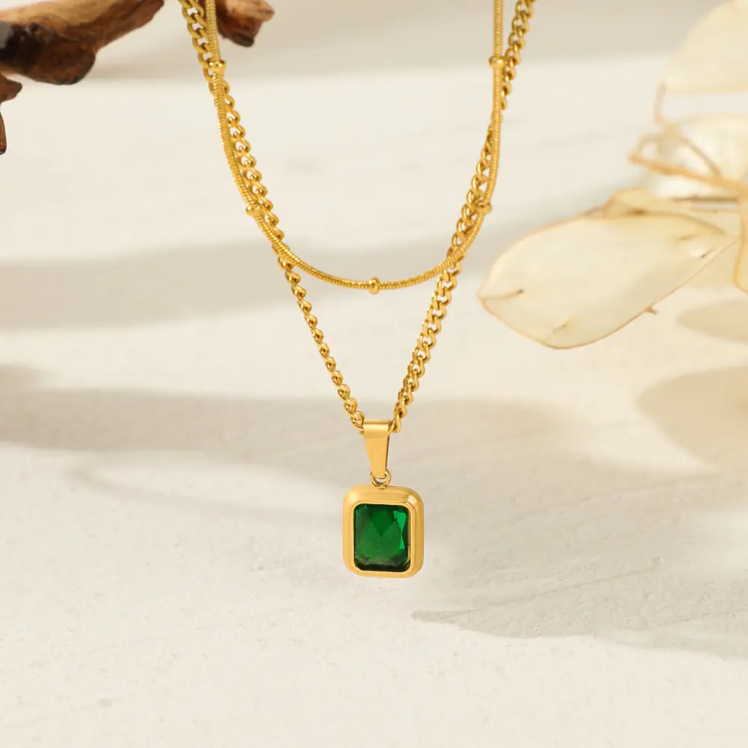 Emerald Double Layer Gold Necklace