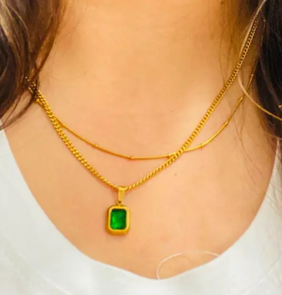 Emerald Double Layer Gold Necklace