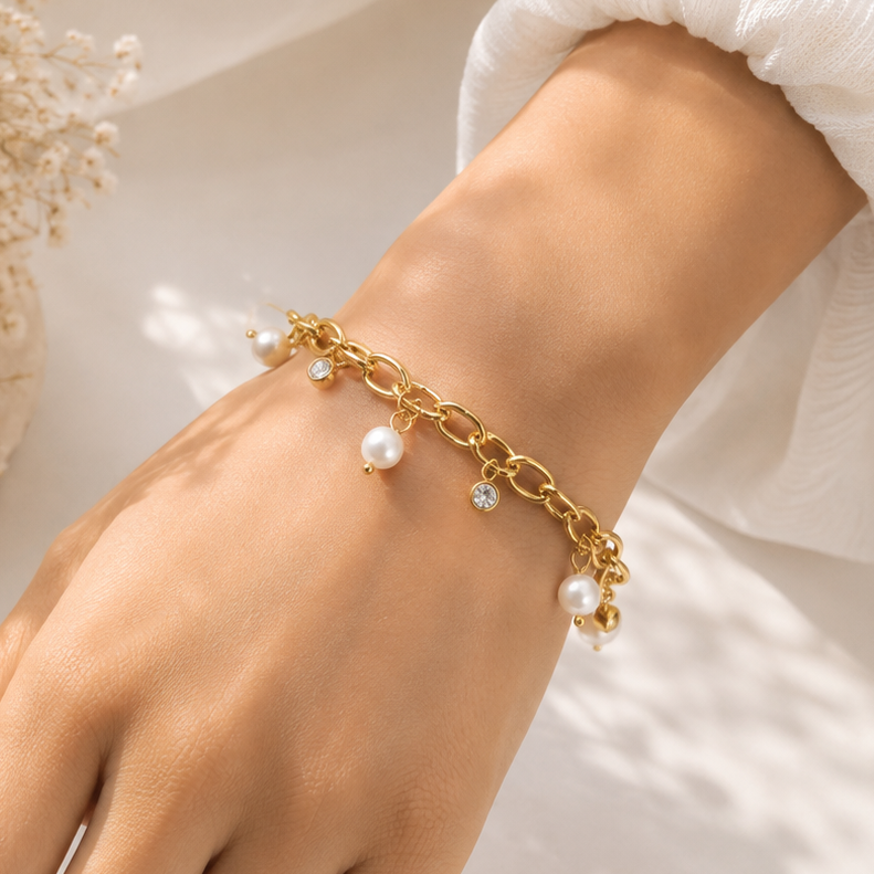 Oriya Pearl Charm Gold Bracelet