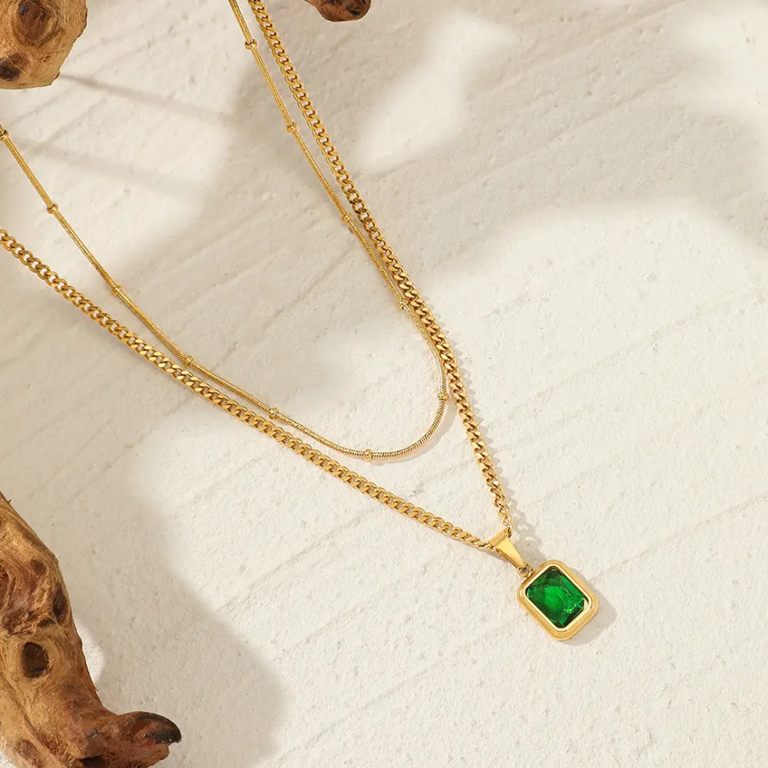 Emerald Double Layer Gold Necklace