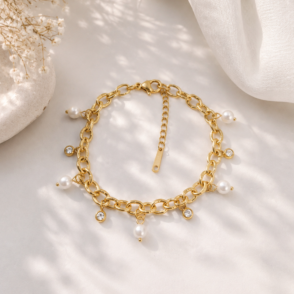 Oriya Pearl Charm Gold Bracelet