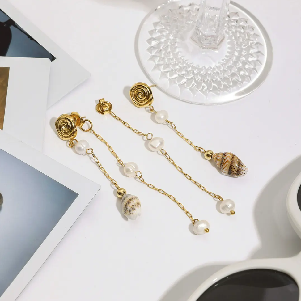 Vesica Shell Long Pearl Earrings